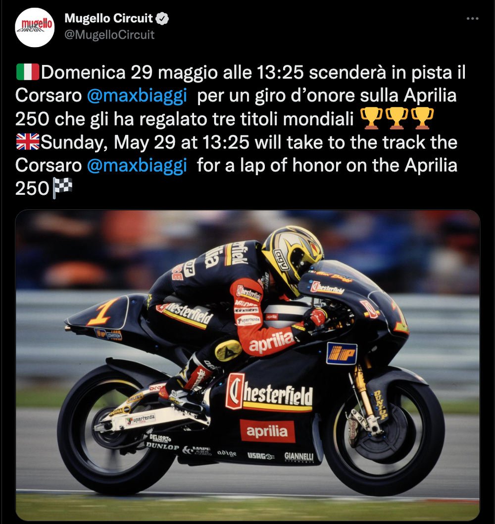 MotoGP, Sunday lap of honour at Mugello for Max Biaggi on the Aprilia 250 GPone