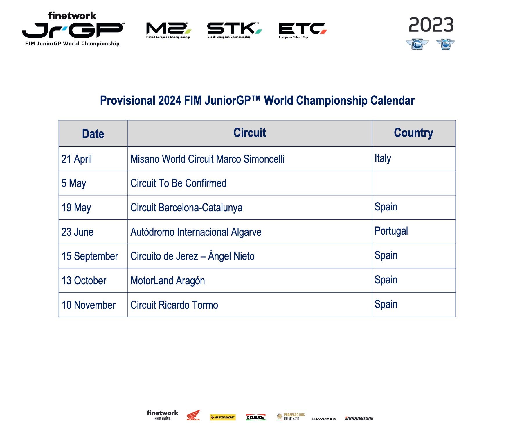 Provisional 2024 FIM Enel MotoE™ World Championship calendar